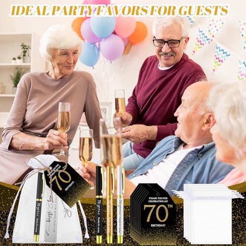 25 Sets Birthday Favors for Guests 25 Thanks for Coming Ballpoint Pens 25 Bookmarks 25 Cards with Organza Bag for Adult Birthday Anniversary Party Souvenir(Metal-70th)