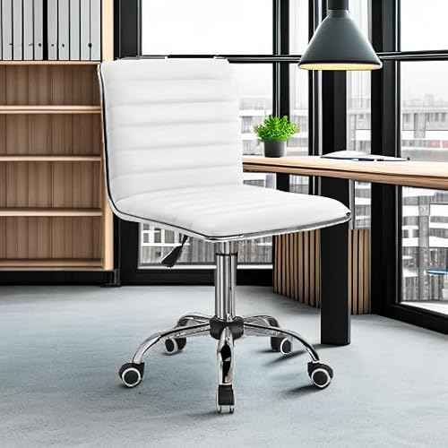 Furmax Mid Back Vanity Chair for Makeup Room, Low Back PU Leather Swivel Computer Desk, Task and Office Chair Retro with Armless Ribbed (White)