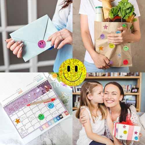1000PCS Smiling Glitter Stickers, 1inch, 10 Colored Sparkly Foil Happy Stickers, Rewarding Student Behaviour, School Classroom Teacher