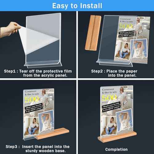 Kersally Acrylic Sign Holder 11 x 8.5'', 4 Pack Double-Sided Clear Table Display Stands with Wood Base,Horizontal Acrylic Frame Menu Flyer Paper Holder for Store, Restaurant, Hotel, Office, Show Fair