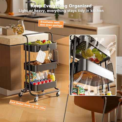 3 Tier Mesh Utility Cart, Rolling Metal Organization Cart with Handle and Lockable Wheels, Multifunctional Storage Shelves for Kitchen Living Room Office, Black