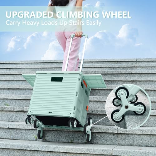 Foldable Utility Cart with Stair Climbing Wheels,Collapsible Rolling Crate with Magnetic Lid Telescopic Cover,Telescoping Handle,360¡Æ Rotate Wheel Hand Cart for Teacher Shopping Moving Grocery(Green)