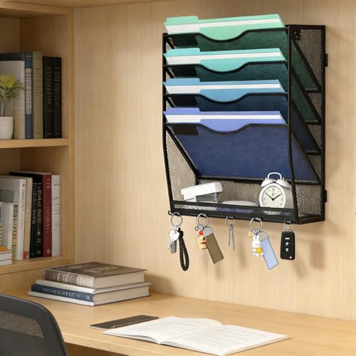 Gawerk 4+1-Tier Wall-Mounted File Organizer with 5 Hooks - Office & Home Mail Storage