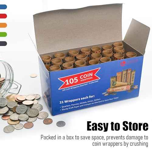 L LIKED Preformed Coin Roll Wrappers (105 Assorted) - 21 Quarters, 21 Pennies, 21 Nickels 21 Dimes and 21 Dollars (105 pcs)