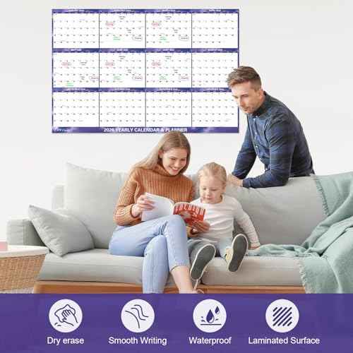 24" x 36" 2026 Wall Calendar Dry Erase - Folded Large Starry Sky Wall Calendar 2026, Wet & Dry Erasable, Laminated 12-Month Annual Yearly Planner, Reversible, Horizontal/Vertical, Purple