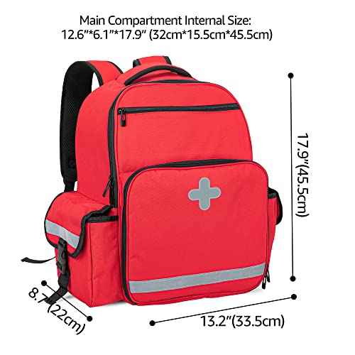 CURMIO Emergency Medical Backpack Empty, First Responder EMT Bag for EMS, Camping, Hiking, Home Health, Field Trips, Red (Bag Only, Patented Design)