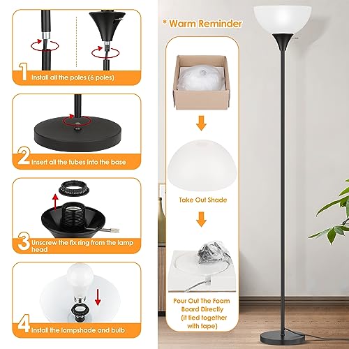 Floor Lamp, LED Standing Lamps with White Plastic Shade, Black Modern Torchiere Floor Lamp, Tall Lamps for Living Room Dorm, Bulb not Included