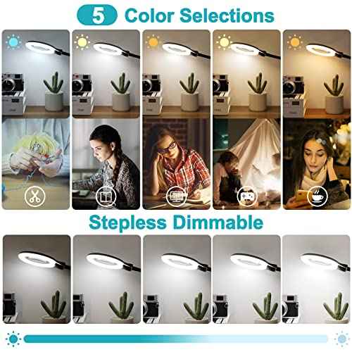 10X Magnifying Glass with Light and Clamp, 5 Color Modes Stepless Dimmable Lighted Magnifier with Stand, Flexible Gooseneck LED Desk Lamp Hands Free for Craft Reading Painting Hobby Close Work