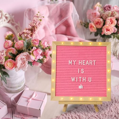 Pink Felt Letter Board with Stand & LED Lights - 10x10 inch, 340 Letters, Wall Mount & Tripod for Party & Home Decor (Pink)
