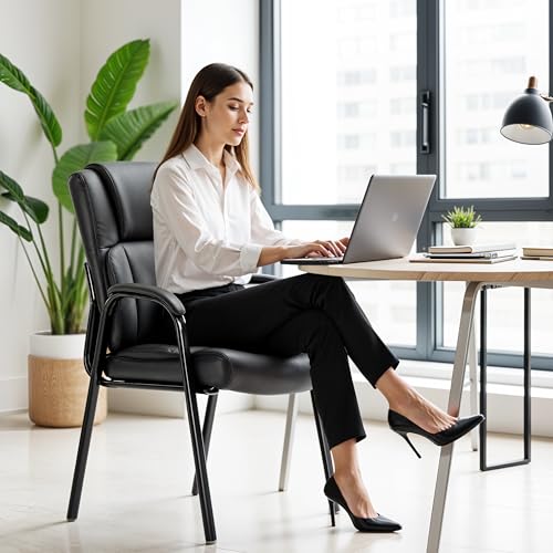 Simple Deluxe Office Guest Chair with Padded Arm Rest No Wheels, Waiting Room Reception Leather Stationary Chairs for Conference Room, Lobby, Home, Desk Table Side, Dining, 1 Pack Thickened Cushion