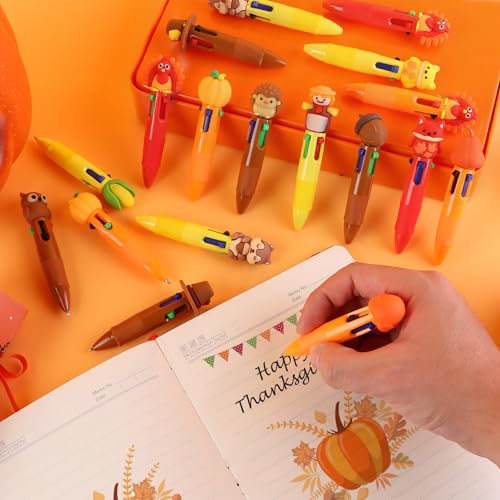 100 Pcs Thanksgiving Colorful Multicolor Pen in One Cartoon Cute Fun 4-in-1 Cute Pens Bulk Kawaii Maple Leaves Pumpkins Scarecrows and Turkeys Shape Cool Ballpoint Pens for Kids Fun Gifts