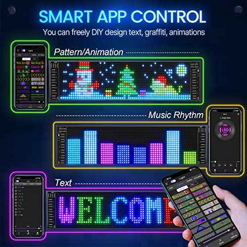 LED Car Sign, Programmable LED Matrix Panel FPCB Flexible Screen Display Animation Message Scrolling Sign APP Control for Cars, Shop, Bar, Party Festival 14.6"x3.6"