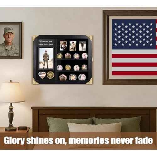 Challenge Coin Display Case with Light, Removable Shelves and Picture Frame for Honor Military Coin Holder Wall Mount, Memorial Gift for Men Veterans Collectors (Black)