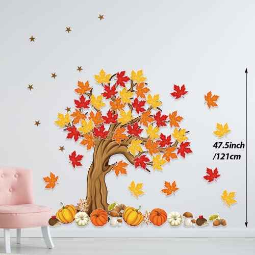 4Ft Big Tree Bulletin Board Set Spring Fall Summer Tree Bulletin Board Decoration with Maple Leaves Butterflies Pumpkins Cutouts for Classroom Home Chalkboard Wall Decoration, 74Pcs (Maple Leaves)