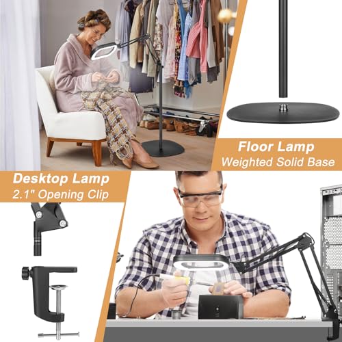 10X Magnifying Glass with Light and Stand, 3-in-1 Magnifying Floor Lamp with Clamp, 5 Color Modes LED Dimmable Standing Magnifier with Light Hands Free for Close Work, Sewing, Painting, Reading