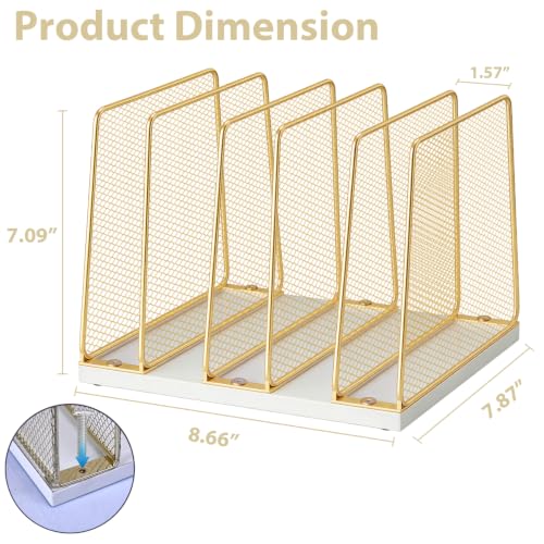 LEKETREE Gold Desk File Organizer - 5-Section Vertical Mesh Metal & Wood, White & Gold