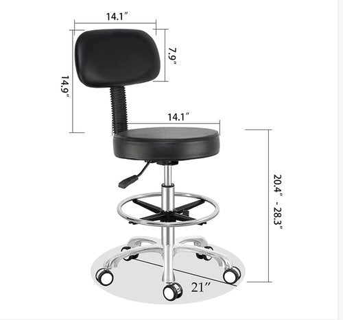 Antlu Rolling Adjustable Stool Drafting Chair for Office Shop Kitchen Medical Salon,Swivel Stool with Wheels and Back (Black, with Foot Ring)