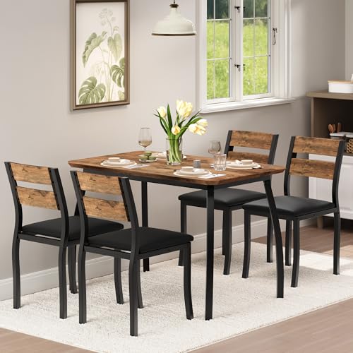 Garvee Retro Dining Table Set for 4 in Modern Metal & Wood with Cushioned Chairs – 1 Table & 4 Chairs