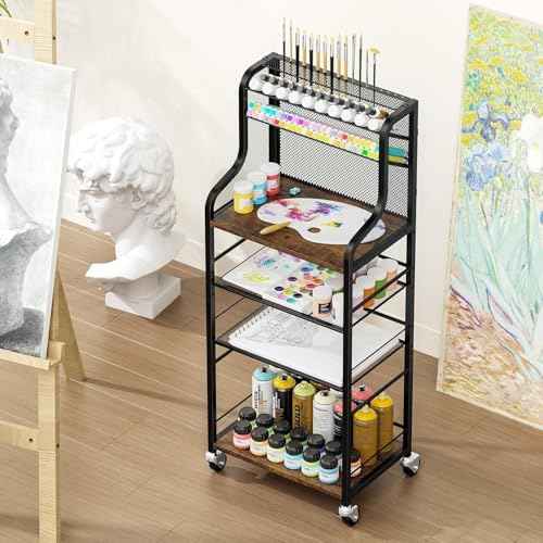 4 Tier Rolling Utility Cart with 360¡Æ Lockable Wheels, Art Supply Storage Organizer for Art Studio, Metal Paint Craft Cart for Paint, for Home and Office