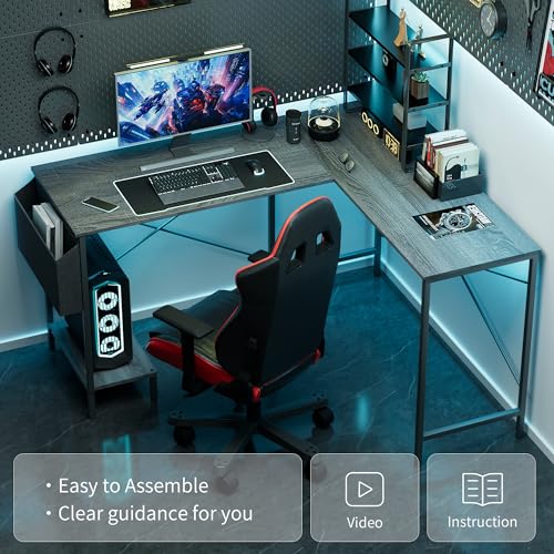 L Shaped Desk - 50" Reversible Home Office Computer Desk, Wood Top, Metal Frame, Side Bag, Sturdy Gaming Desk Corner Table for Work, Writing and Study, Space-Saving