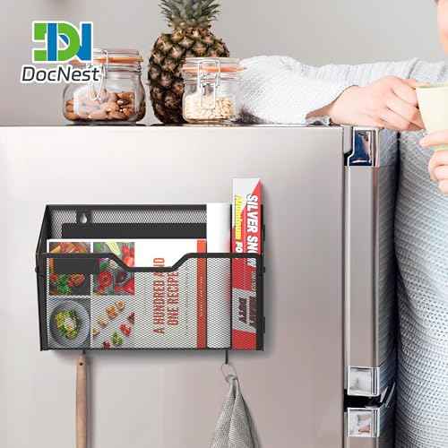 Docnest 3 Pack Magnetic Wall Mounted File Holders,Mesh Letter Organizer with Hooks, Magnetic Hanging Mail Paper Document Organizer for Office, Home, School, Black