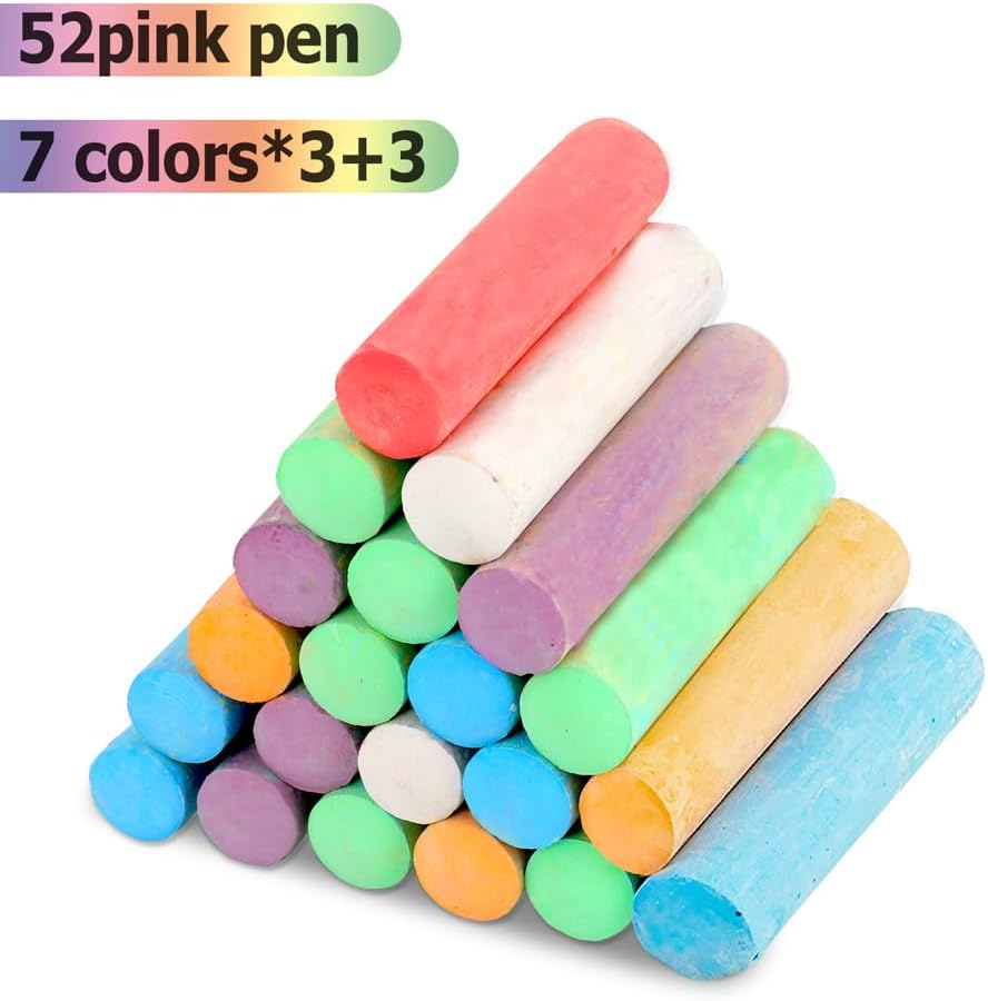 Skiennix Washable Sidewalk Chalk - 52 Jumbo Non-Toxic Pieces in 7 Vibrant Colors | Perfect for Kids & Adults