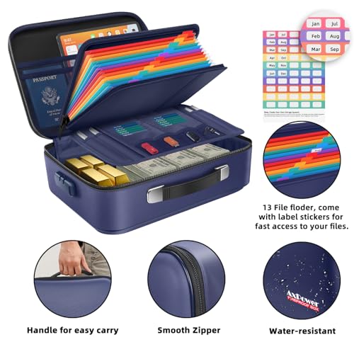 Fireproof Document Storage Box Hard Case With Lock, Multi-Layer Fire Proof Water Resistant Safe Box File Organizer Bag With Small Money Bag for Important Documents Passport Certificates Laptop (Blue)