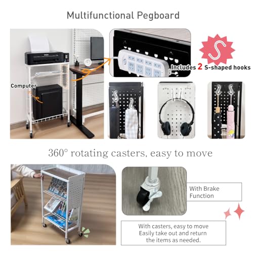 Lumizone Foldable Book Cart 6-Tier Large Capacity Bookshelf Single Sided V-Shaped Sloped Shelves With brake Wheels With PegBoard Slim Rolling Utility Cart Storage Rack, Home Shelves and Office (White)