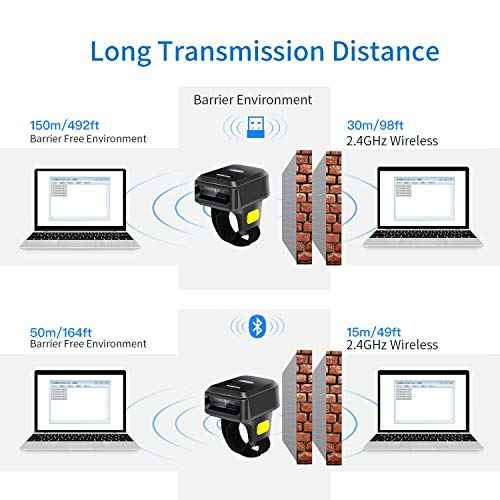 Symcode Wireless Bluetooth Barcode Scanner with Bluetooth & 2.4GHz Wireless & Wired Connection, Portable Ring Wearable Finger 1D Mini Bar Code Reader Scanner