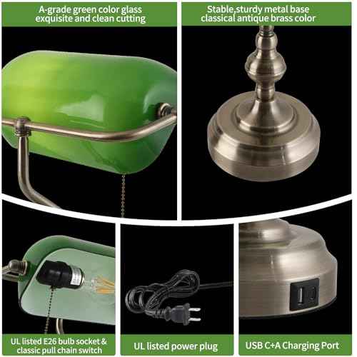 Green Glass Banker's Desk Lamp, Antique Banker Desk Lamps, Traditional Library Lamp with USB Charging Port, Vintage Desk Lamp Green Shade for Office Study Room, Pull Chain Switch