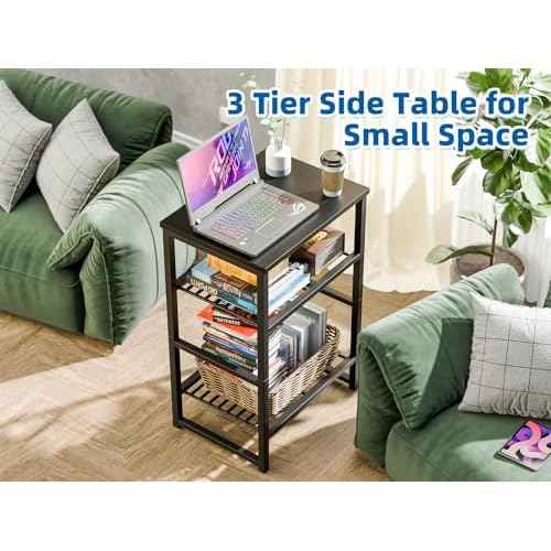 Industrial Printer Stand 3 Tier, Home Printer Wood Table with Wire Storage Shelf for Scanner Fax Machine, Heavy Duty Metal, Black