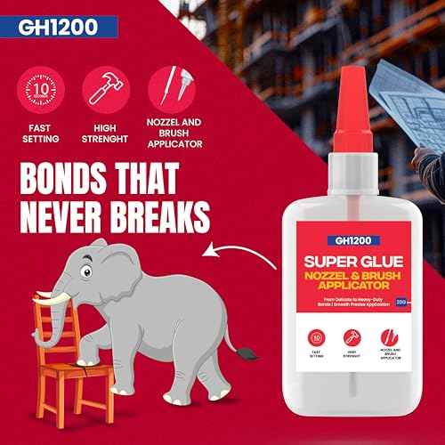 GH1200 (2-in-1) Super Glue with Brush Applicator & Nozzle, Mess Free Superglue Brush, Instant Never Dries, 3000 CPS Ca Glue, No Stain Clear Glue, Super Glue for Plastic, Rubber & More