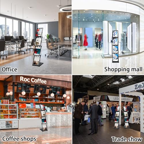 Brochure Display Stand Foldable Magazine Rack, Metal Brochure Holder Literature Rack with Carrying Bag, 4 Pockets Literature Stand for Exhibition Trade Show and Office Retail Store, Black
