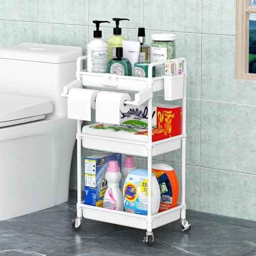 SPACEKEEPER Rolling Storage Cart, 3 Tier Utility Cart Laundry Room Organization Mobile Shelving Unit Bathroom Organizer with Towel Rack, Lockable Wheel, Hooks & Cup for Kitchen Office, White