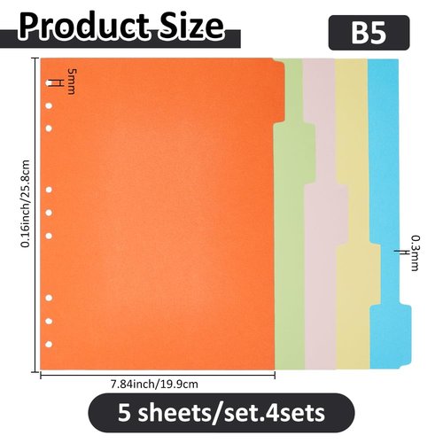 SUPERFINDINGS 20 Pcs Binder Dividers 5 Color Tab Dividers for 9 Ring Binder 29.5x24cm B5 Notebook Index Divider Paper Ideal for Notebook Folders Schedules Offices