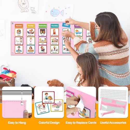 Godery Large Visual Schedule for Kids Chore Reward Chart,Bedtime Routine Chart for Toddlers,Double Side Schedule Board with 109 Cards for Home School Planner,Autism Learning Materials (Pink)