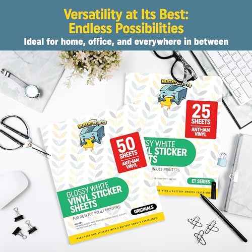Glossy Printable Vinyl Sticker Paper Waterproof 25 Sheets 8.5"x11", Inkjet Printer (Non-Epson)- White Vinyl Sticker Sheets - Strong Adhesive