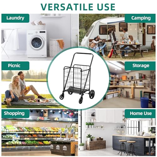 YITAHOME Folding Shopping Cart with Wheels, Large Rolling Grocery Cart, Reinforced Mesh Bottom, Foldable Utility Cart for Groceries, Laundry & Storage (Portable, Collapsible, Sturdy)