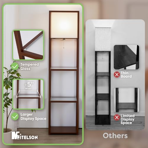 Floor Lamp with Shelves, Modern Shelf Lamps with Tempered Glass, Standing Lamp with LED Bulb, Display Corner Shelf with Lights for Living Room, Bedroom, Office,Walnut Brown