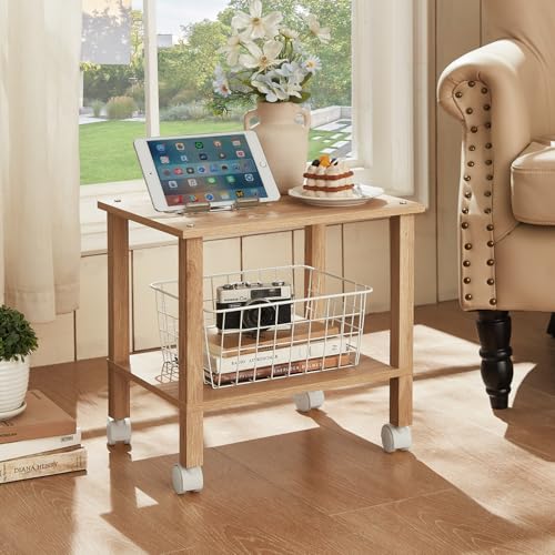 2 Tier Printer Stand with Storage,Under Desk Shelf Printer Table,Small Printer Stand with Wheels,Rolling Printer Cart for Office