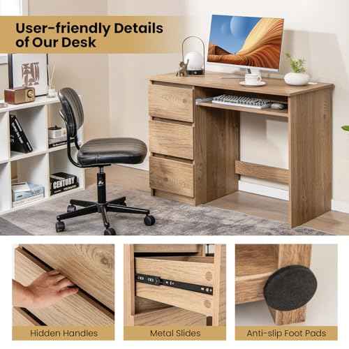 Tangkula Computer Desk with 3 Storage Drawers & Built-in Charging Station, Home Office Desk with Keyboard Tray, PC Desk Study Writing Desk, Vanity Table for Bedroom, Computer Workstation (Natural)