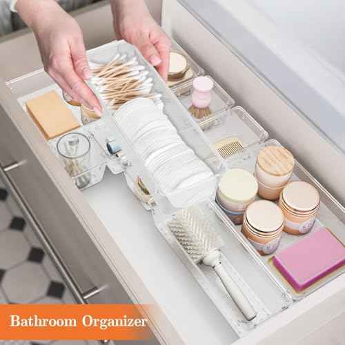 25 PCS Plastic Drawer Organizer Set, 4-Size Versatile Organizer Trays & storage Bins for Makeup, Jewelry, and Gadgets in Bathroom, Bedroom and Office,Clear White