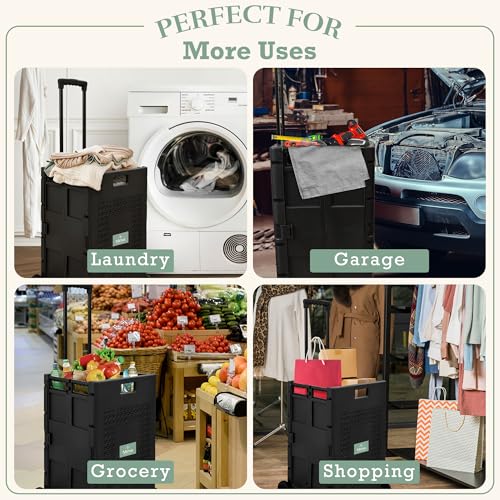 Inspired Living Collapsible Ultra-Slim Pack-N-Roll 4 Wheel Utility Cart, Upto 55 Lbs,Telescopic Handle,durable for Home, Garden, Shopping, Office, School, Laundry, Folds down to 3" Medium, Tall, Black