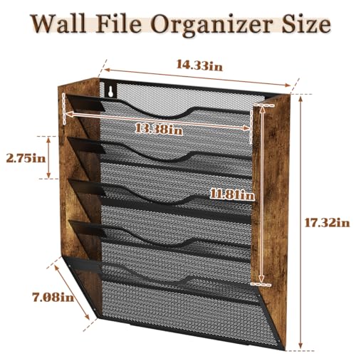 Koozuuyk 5-Tier Ironwood Wall-Mounted File Organizer with 5 Pockets, Mesh Mail and Document Holder, Black