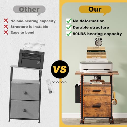 File Cabinet Printer Stand, Fabric Mobile Filing Cabinet with 2 Storage Drawers, for Hanging A4, Letter Size File Folders, Open Shelf with Storage Bag and Hooks Home Office, Rustic Brown