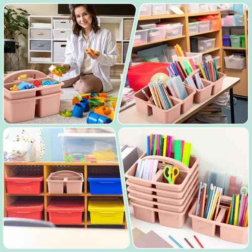 12 Pcs Classroom Caddy with 3 Compartment - Multipurpose Portable Plastic Storage Table Caddies with Handles for School Home Office Organizer(Flesh Pink)
