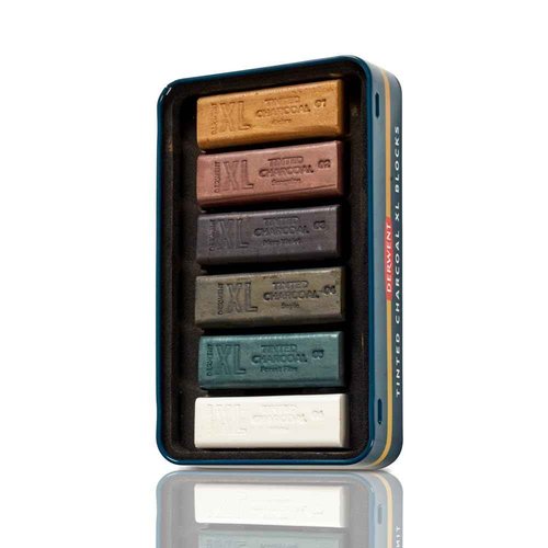 Derwent Tinted Charcoal XL Blocks 6 Tin, Set of 6, 60mm Extra-Large Block, Naturally Water-soluble, Ideal for Sketching, Drawing and Expressive Mark Making, Professional Quality (2306177)