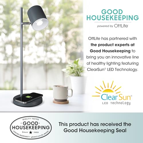 OttLite LED Desk Lamp with Wireless Charger, Good Housekeeping, Modern Book Light, Reading Light, Adjustable, Dimmable, Designed to Reduce Eyestrain, Great Desk Lamps for Home Office