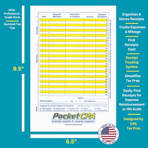 PocketCPA 3-in-1 Receipt Organizer Envelopes with Expense & Auto Mileage Log – 12 Pack, 9.5 x 6.5 in