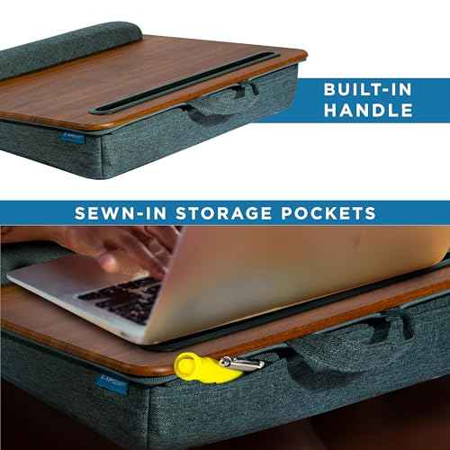 LAPGEAR Portable Laptop Lap Desk with Pillow Cushion, Anti-Slip Strip, Tablet or Phone Storage Slot, Pen and Pencil Pocket, and Wrist Rest - Espresso Woodgrain - Fits 17.3" Laptops - Style No. 91342